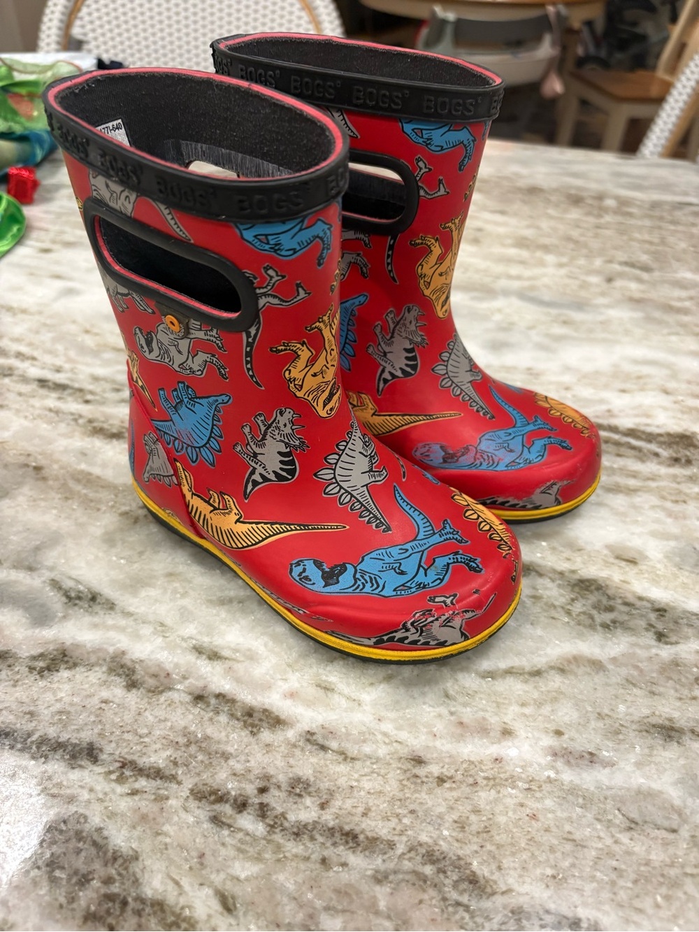 Bogs Kids Red Dinosaur Rain & Snow Boots with Blue, Yellow, Gray Accents